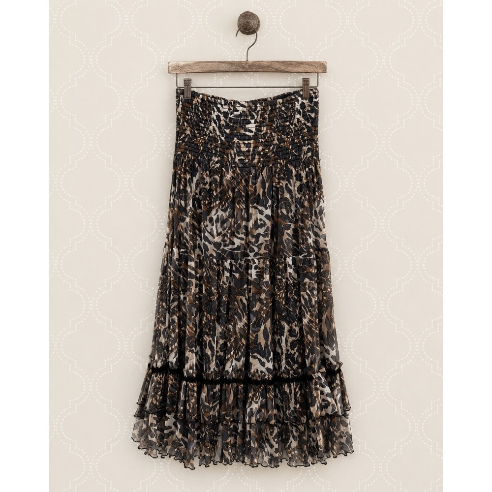For Cynthia Animal Print Smocked Waist Tiered Mesh Midi Skirt Small